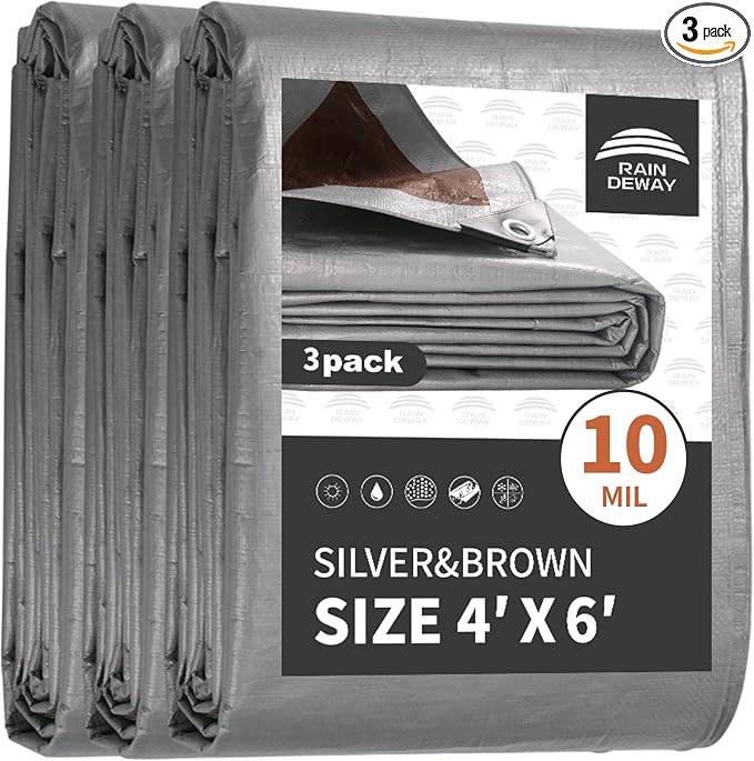 Small Tarps Heavy Duty Waterproof 4x6 Feet, 10Mil Multipurpose Poly Tarp Cover by RAINDEWAY
