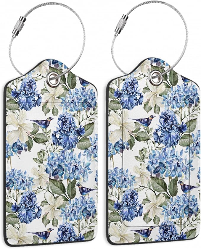 Hibiscus Flowers Luggage Tag, Bird Watercolor Luggage Tags of Set 2 Leather by SKYDAWNY