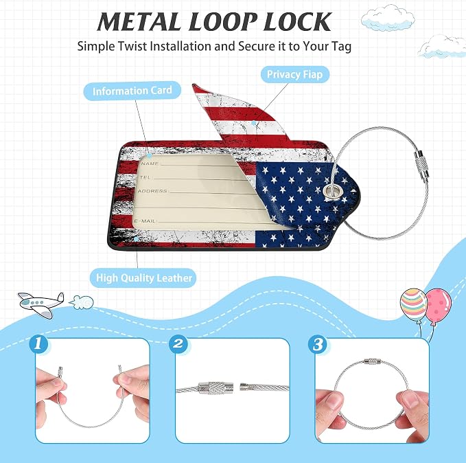 3 Pack Luggage Tag for Suitcase, American Flag USA Flag Leather Luggage Tags - Image 3