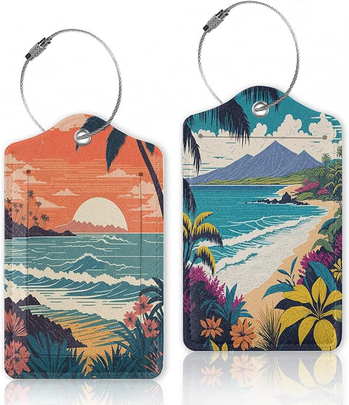 2 Pcs Luggage Tags for Suitcase, Tropical Palm Ocean Landscape Vintage Luggage by Oeaskly