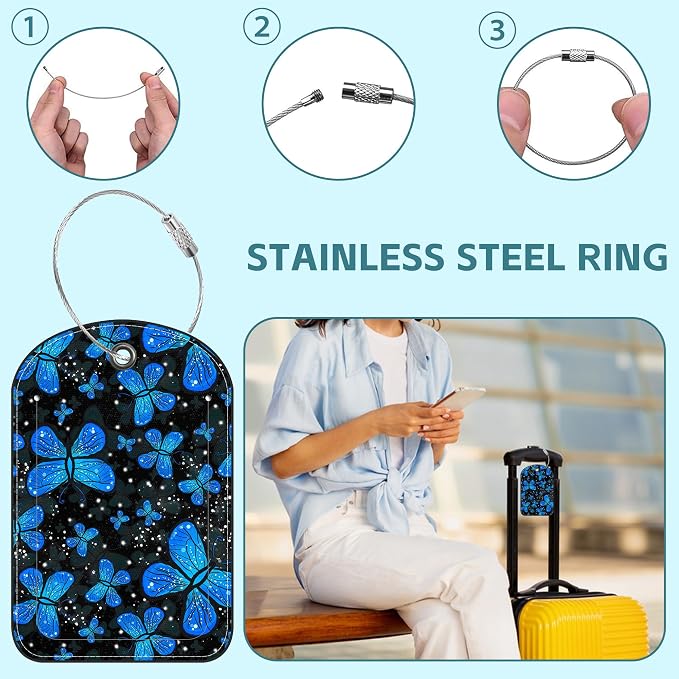 Blue Butterfly Luggage Tag for Suitcase Set of 2 PU Leather Cute Luggage Tags - Image 3