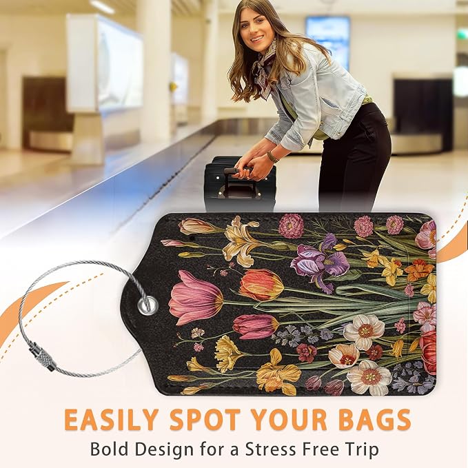 Colorful Boho Flowers 3 PCS Luggage Tags, Vintage Floral Leather Suitcase Tags - Image 4