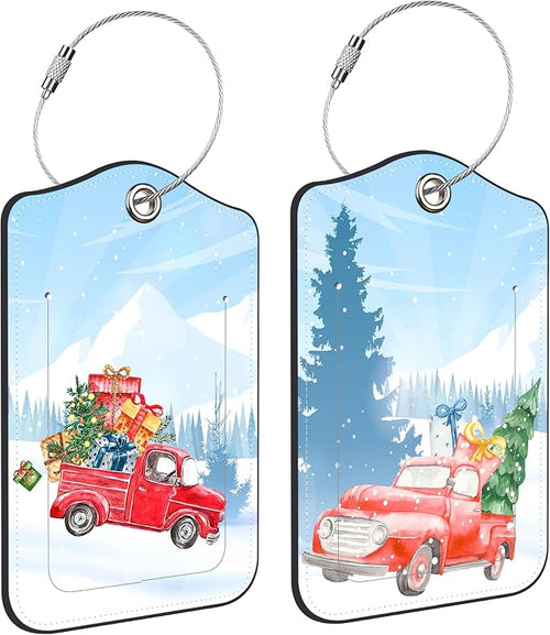 2 PCS Leather Luggage Tags for Suitcase Red Pickup Christmas Tree and Gifts by Unknown