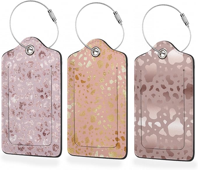 3 Pack Luggage Tag for Suitcase, Glitter Rose Gold Leather Luggage Tags by BUYIDUI