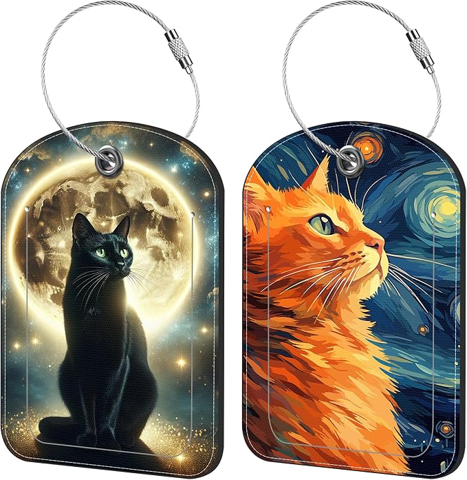 Black Cat and Sky Luggage Tag for Suitcase Set of 2 PU Leather Cute Luggage Tags by iapodiad