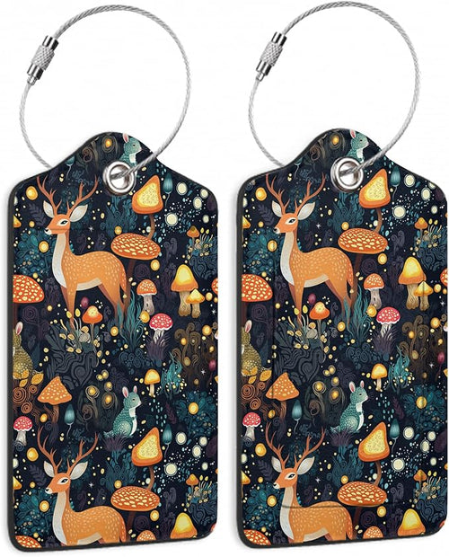 2 Pack Mushrooms Luggage Tag for Suitcases Deer Forest Animal PU Leather Bag by SKYDAWNY