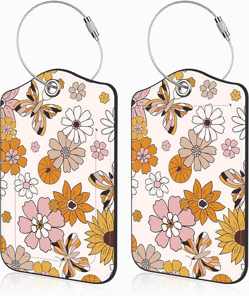 2 Pack Luggage Tags for Suitcases Retro Groovy Flowers and Butterfly Leather by Unknown
