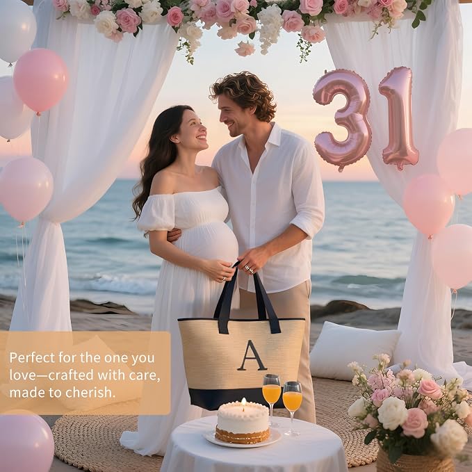 KALIDI Woven Tote Bag for Women, Lightweigh Monogram Beach Bag - Image 4