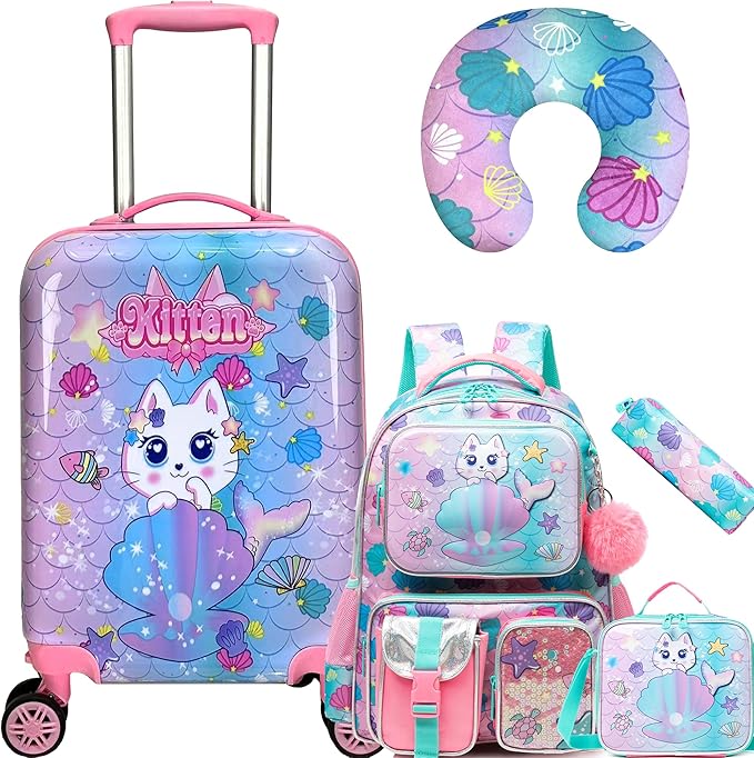 Cute Cat Kid’s Luggage Set 5 Piece Suitcase Set 16’’ Hardside Luggage by Unknown