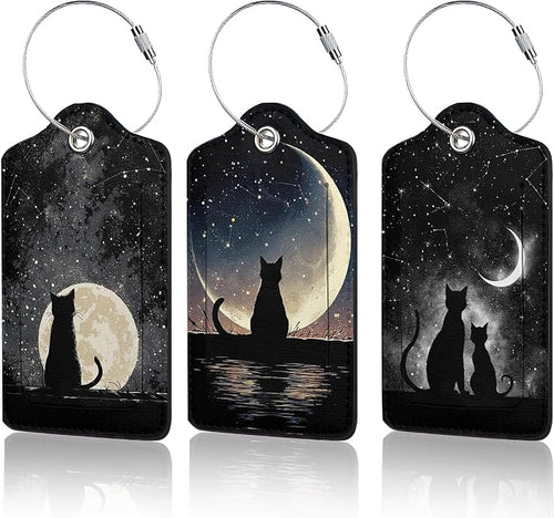 3 Pack Black Cat Luggage Tags for Suitcases, Moon Night Cute Leather Name Tag by Unknown