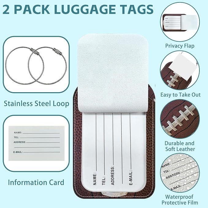 American Football Luggage Tag for Suitcase Set of 2 PU Leather Cute Luggage Tags - Image 2
