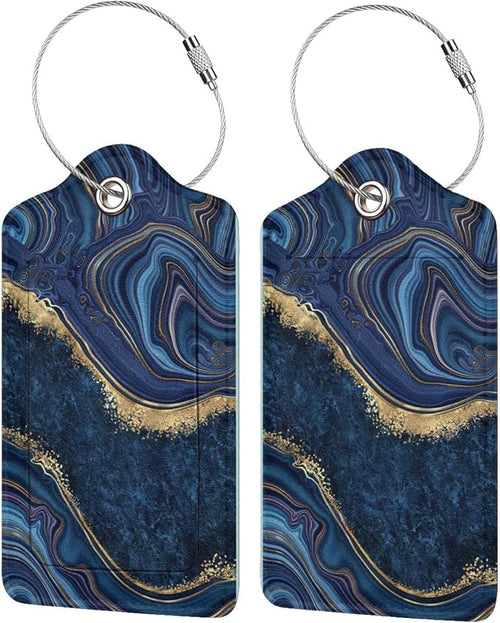2PC Dark Blue Marble Luggage Tags Leather Suitcase Tag Privacy Name ID Card by OUZPGAQ