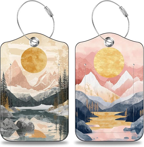 2 Pack Luggage Tags for Suitcases Abstract Pink Mountain Sun Landscape Leather by Unknown