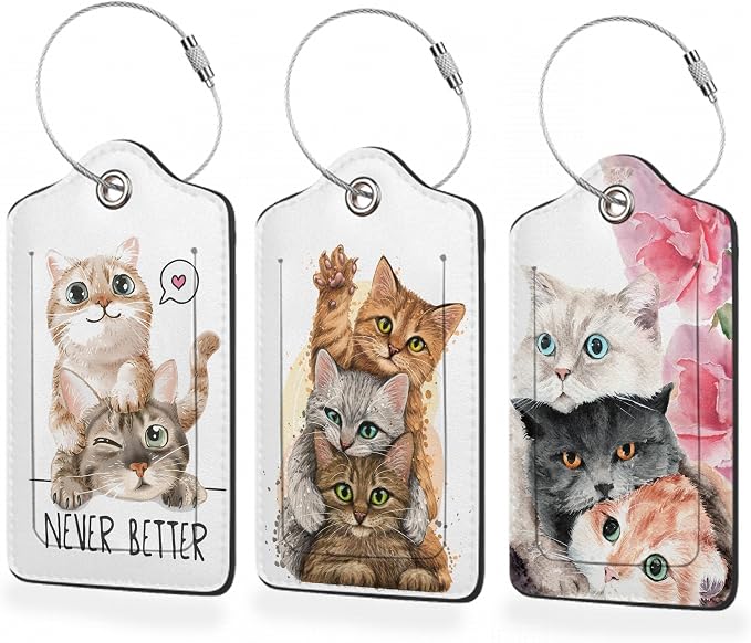 3 Pack Luggage Tag for Suitcase, Cute Funny Cat Leather Luggage Tags by BUYIDUI