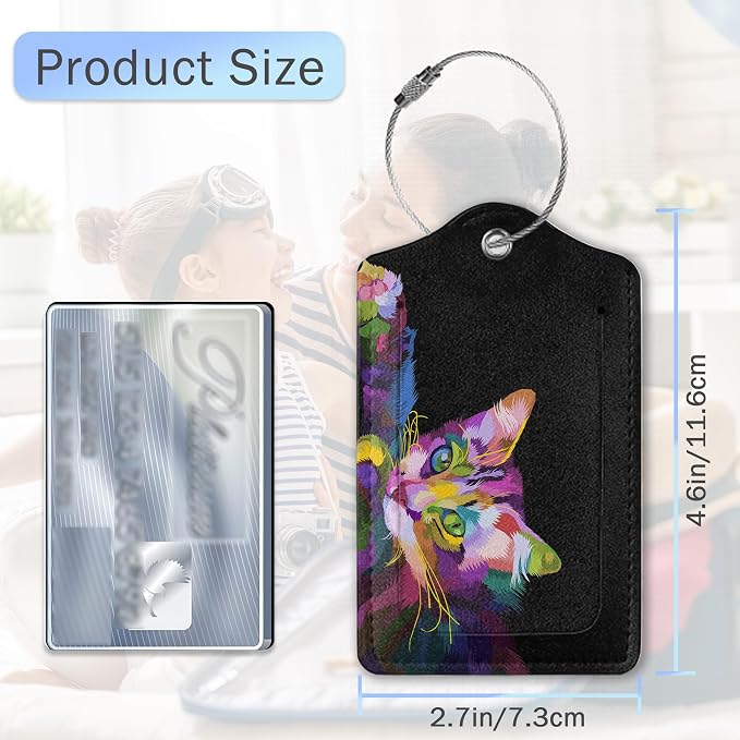 Abstract Multicolored Cat Luggage Tags, 2 Pack Butterfly Luggage Tag, Leather - Image 2