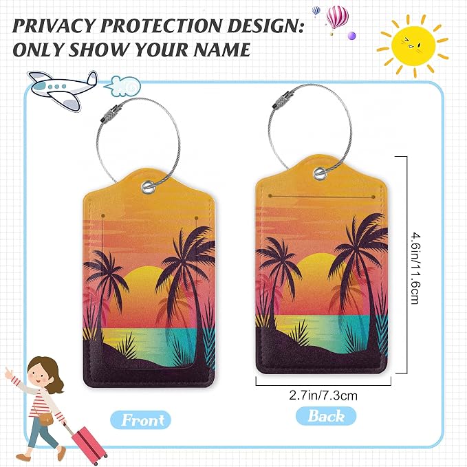 3 Pack Luggage Tag for Suitcase, Tropical Sunset Palm Leather Luggage Tags - Image 2