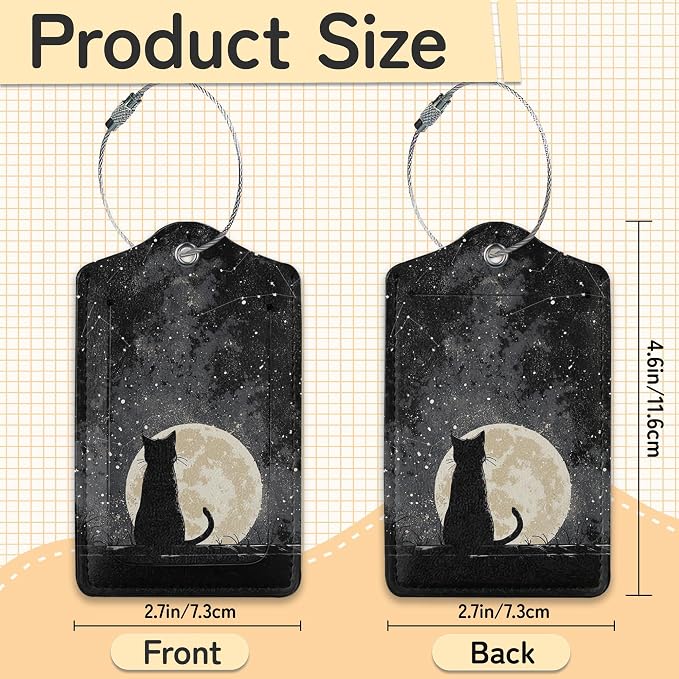 3 Pack Black Cat Luggage Tags for Suitcases, Moon Night Cute Leather Name Tag - Image 3