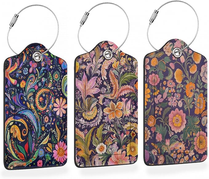 Colorful Boho Floral 3 PCS PU Leather Luggage Tags by Losthll
