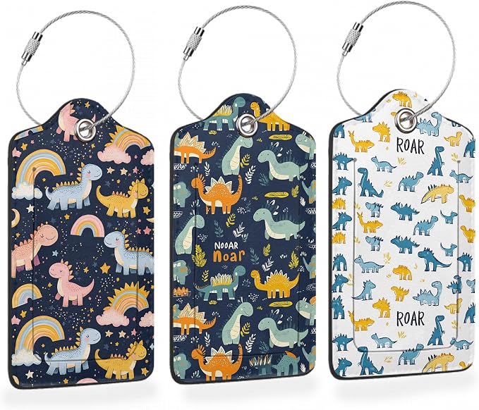 Cute Funny Dinosaurs 3 PCS Luggage Tags, Colorful Dinosaurs Leather Suitcase by Losthll