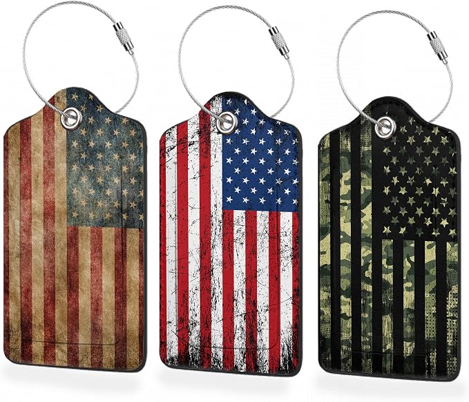 3 Pack Luggage Tag for Suitcase, American Flag USA Flag Leather Luggage Tags by BUYIDUI