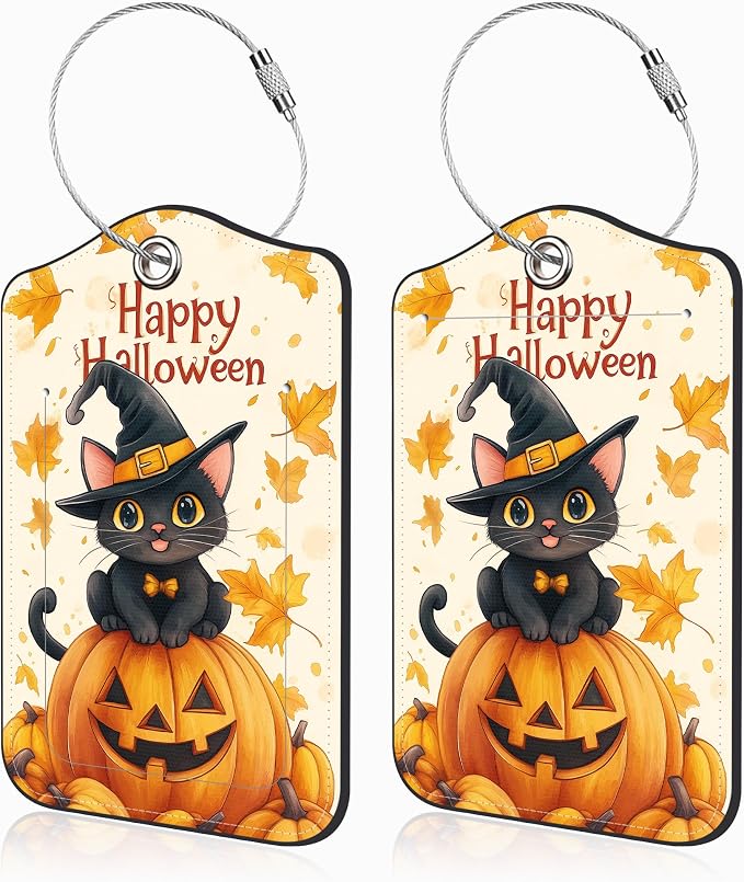 Halloween 2 Pack Luggage Tags for Suitcases Cute Black Cat on Pumpkin Leather by Unknown