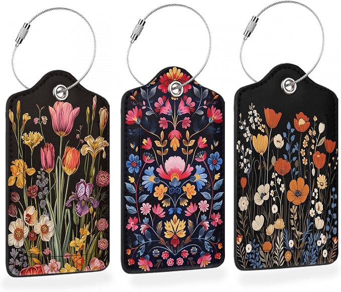 Colorful Boho Flowers 3 PCS Luggage Tags, Vintage Floral Leather Suitcase Tags by Losthll