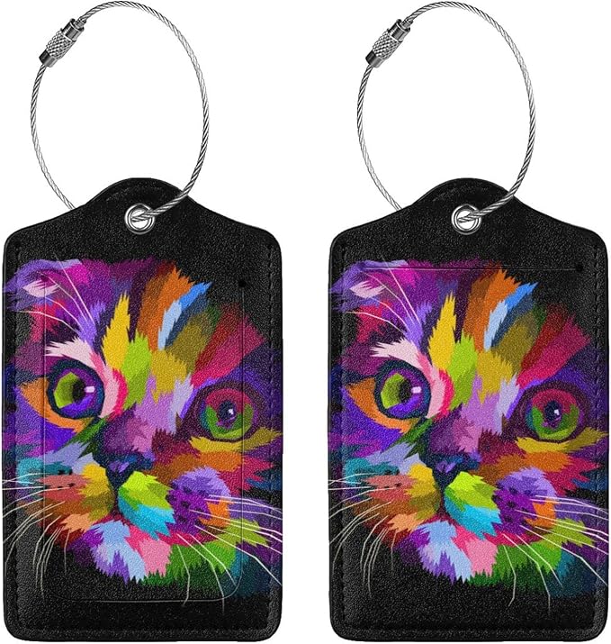Cute Cat Leather Luggage Tags for Adults Teens, 2 Pack Colorful Art Kitten - Image 3
