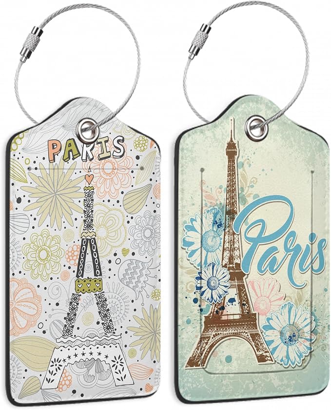 2 Pack Funny Luggage Tags with for Suitcases, Vintage Eiffel Towe Paris PU by DEMACYA