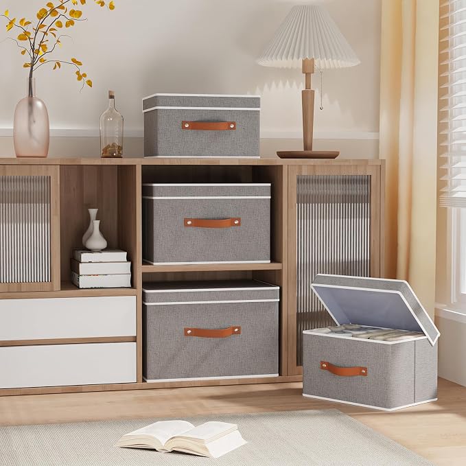 Collapsible Storage Bins with Lids, 3 Pack Linen Foldable Cloth Baskets - Image 2