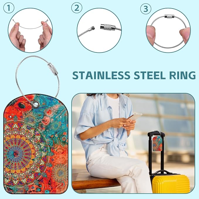 Colorful Mandala Luggage Tag for Suitcase Set of 2 PU Leather Cute Luggage Tags - Image 3