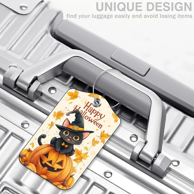 Halloween 2 Pack Luggage Tags for Suitcases Cute Black Cat on Pumpkin Leather - Image 5