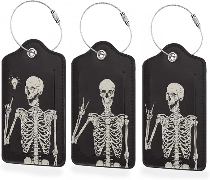 3 Pack Luggage Tag for Suitcase, Rock Roll Skeleton Leather Luggage Tags by BUYIDUI