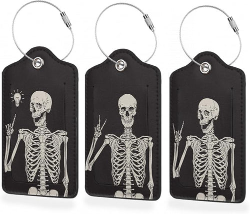 3 Pack Luggage Tag for Suitcase, Rock Roll Skeleton Leather Luggage Tags by BUYIDUI