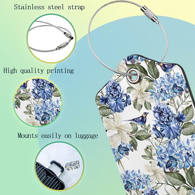 Hibiscus Flowers Luggage Tag, Bird Watercolor Luggage Tags of Set 2 Leather - Image 4