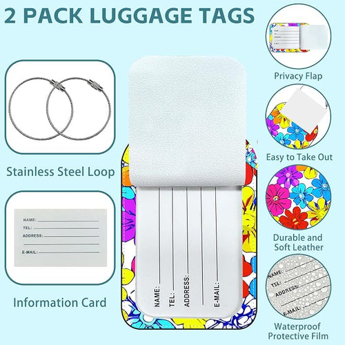 2 Pack Cute Luggage Tag for Suitcases Beautiful Bright Flowers Leather Luggage - Image 2