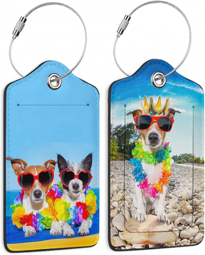 Dogs on Beach Luggage Tags for Suitcases, 2 Pack Hawaii Luggage Tag, Leather by TXIANT