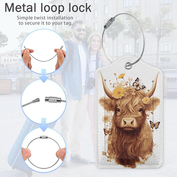 Highland Cow Luggage Tags for Suitcase, Flower Luggage Tags of Set 2 Leather - Image 5