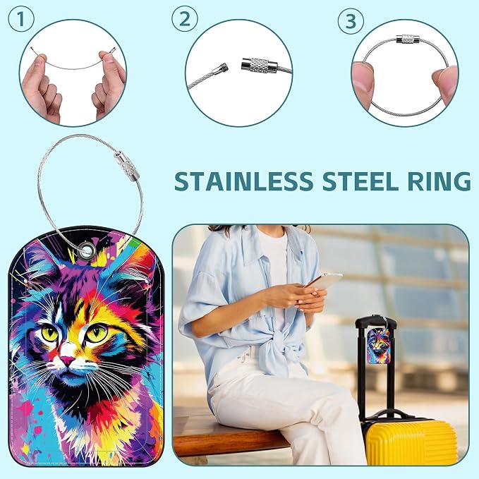 Colorful Cat Luggage Tag for Suitcase Set of 2 PU Leather Cute Luggage Tags - Image 3