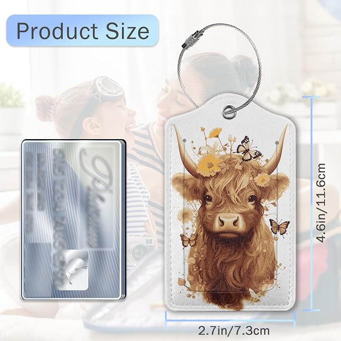 Highland Cow Luggage Tags for Suitcase, Flower Luggage Tags of Set 2 Leather - Image 2