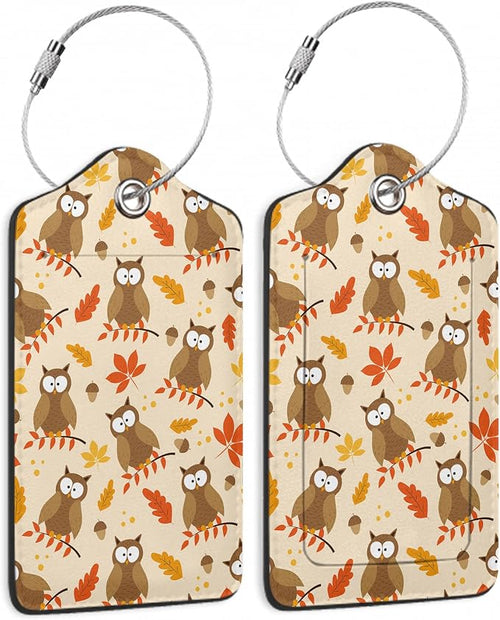 2 Pack Luggage Tags for Suitcase, Autumnal Leaves and Owl Bird Leather Luggage by Yashilaiya