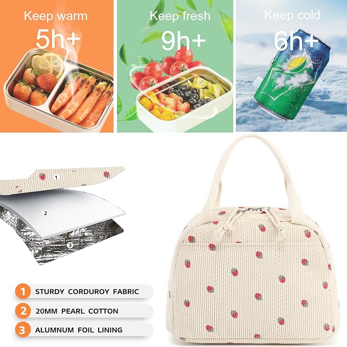 Bluboon Lunch Bag for Women Men Cute Corduroy Lunch Tote Bags Reusable - Image 5