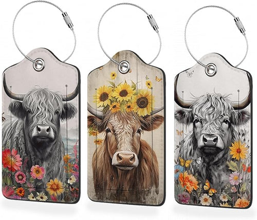 3 Pack Luggage Tag for Suitcase, Highland Cow Leather Luggage Tags by BUYIDUI
