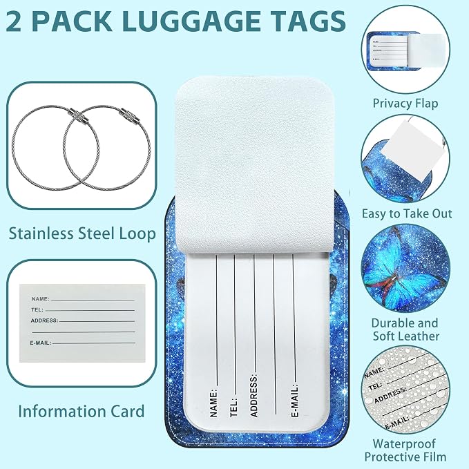 Blue Butterfly Luggage Tag for Suitcase Set of 2 PU Leather Cute Luggage Tags - Image 2