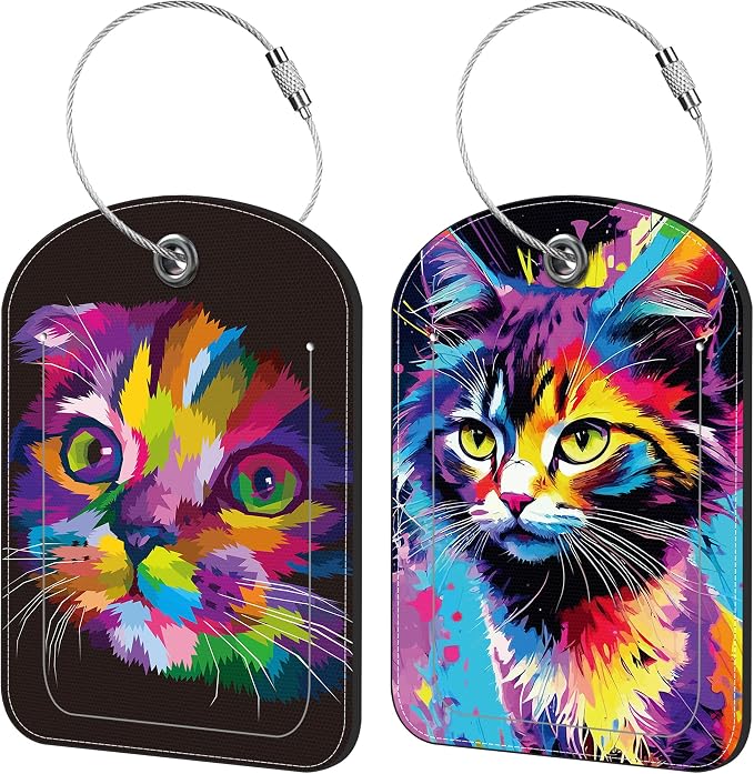 Colorful Cat Luggage Tag for Suitcase Set of 2 PU Leather Cute Luggage Tags by iapodiad
