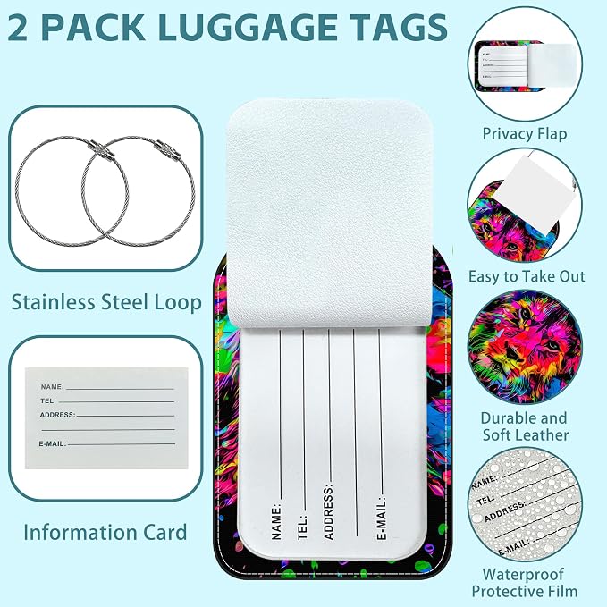 Colored Lion Head Luggage Tag for Suitcase Set of 2 PU Leather Cute Luggage Tags - Image 2