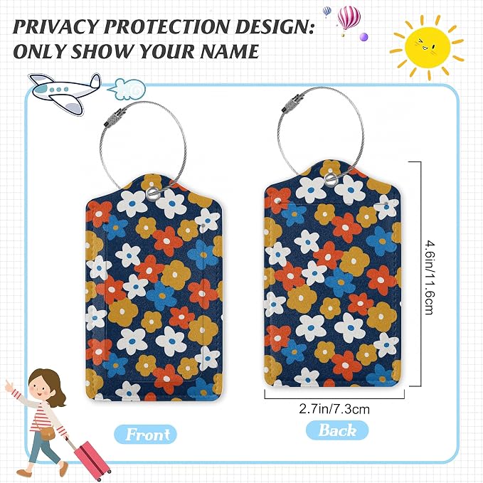 3 Pack Luggage Tag for Suitcase, Vintage Groovy Flowers Leather Luggage Tags - Image 2