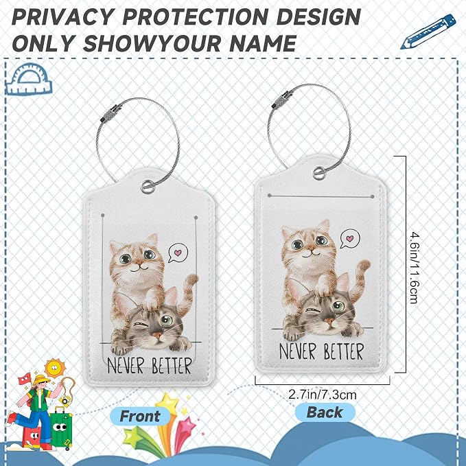 Cute Cat Luggage Tags for Suitcases, 2 Pack, Never Better Luggage Tag, Leather - Image 2