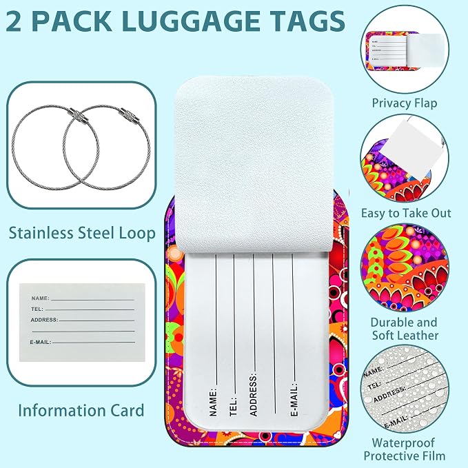 Colorful Mandala Luggage Tag for Suitcase Set of 2 PU Leather Cute Luggage Tags - Image 2