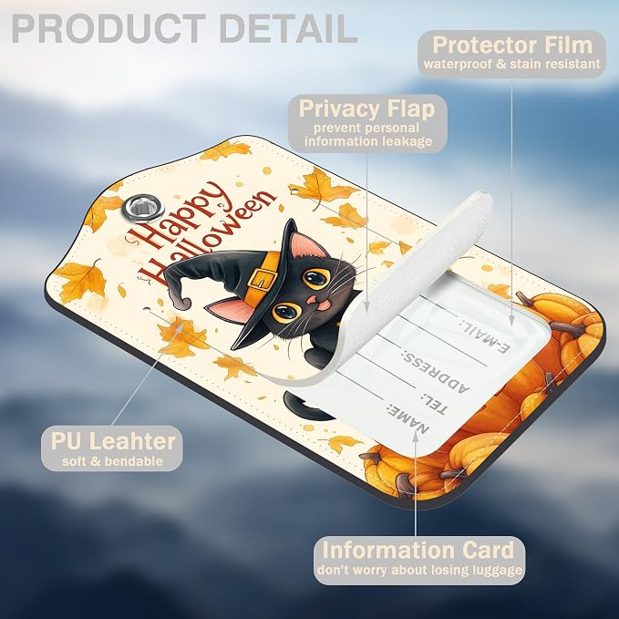 Halloween 2 Pack Luggage Tags for Suitcases Cute Black Cat on Pumpkin Leather - Image 3