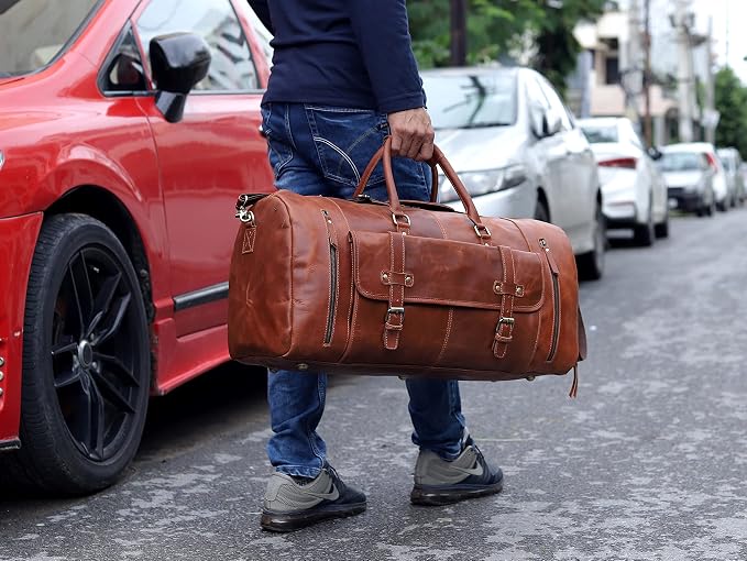 24 Inch Leather Duffle Bags for Men Large Full-Grain Buffalo Leather Overnight - Image 2